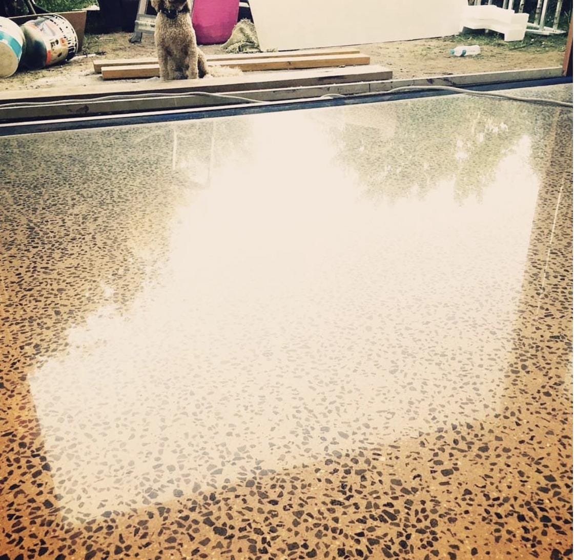 Representative ground and sealed concrete floor with exposed aggregate and a low sheen
